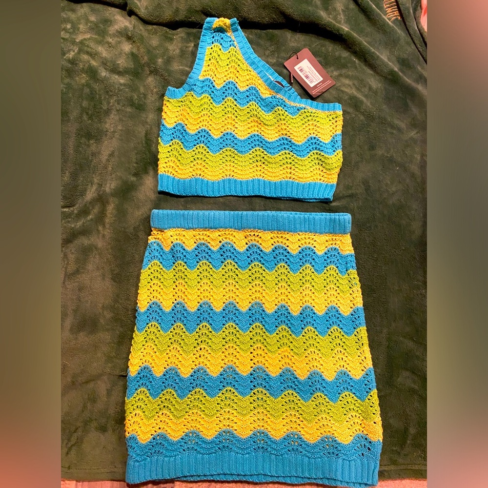 NWT PrettyLittleThings Blue Crochet Wave Knit One Shoulder Top and Skirt Size L